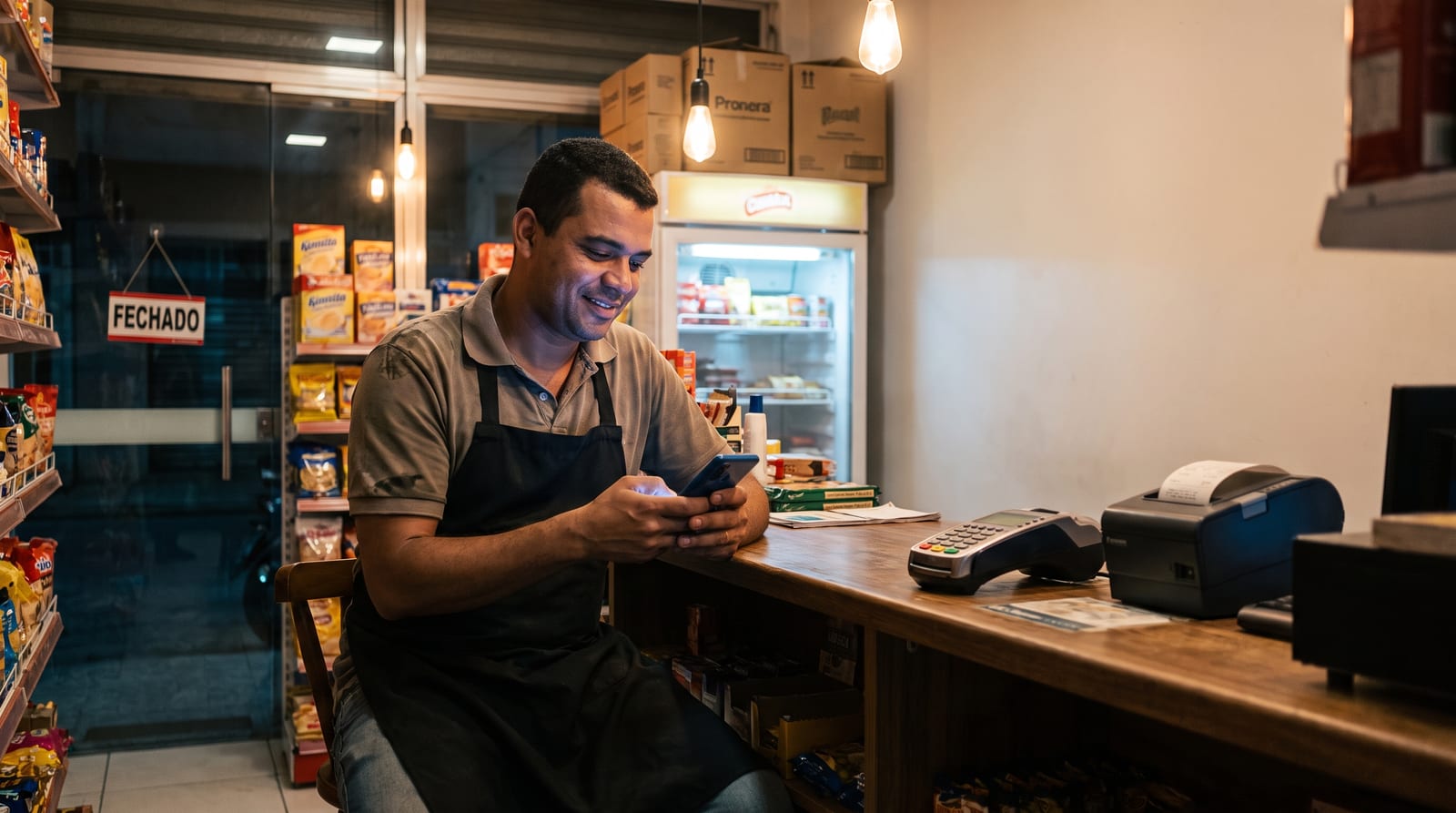 Lojista conferindo o saldo no celular