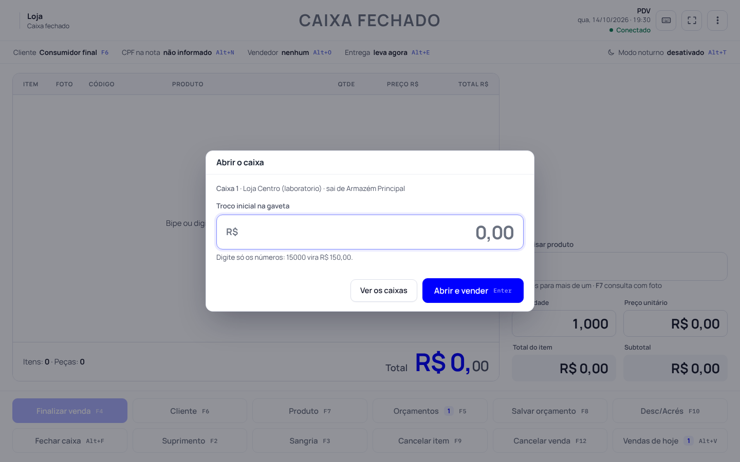 Passo 2: Abra o caixa com o troco