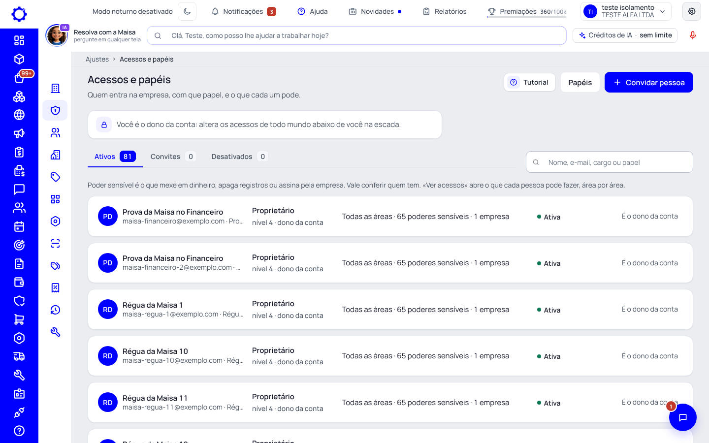Passo 1: Abra Ajustes › Acessos e papéis