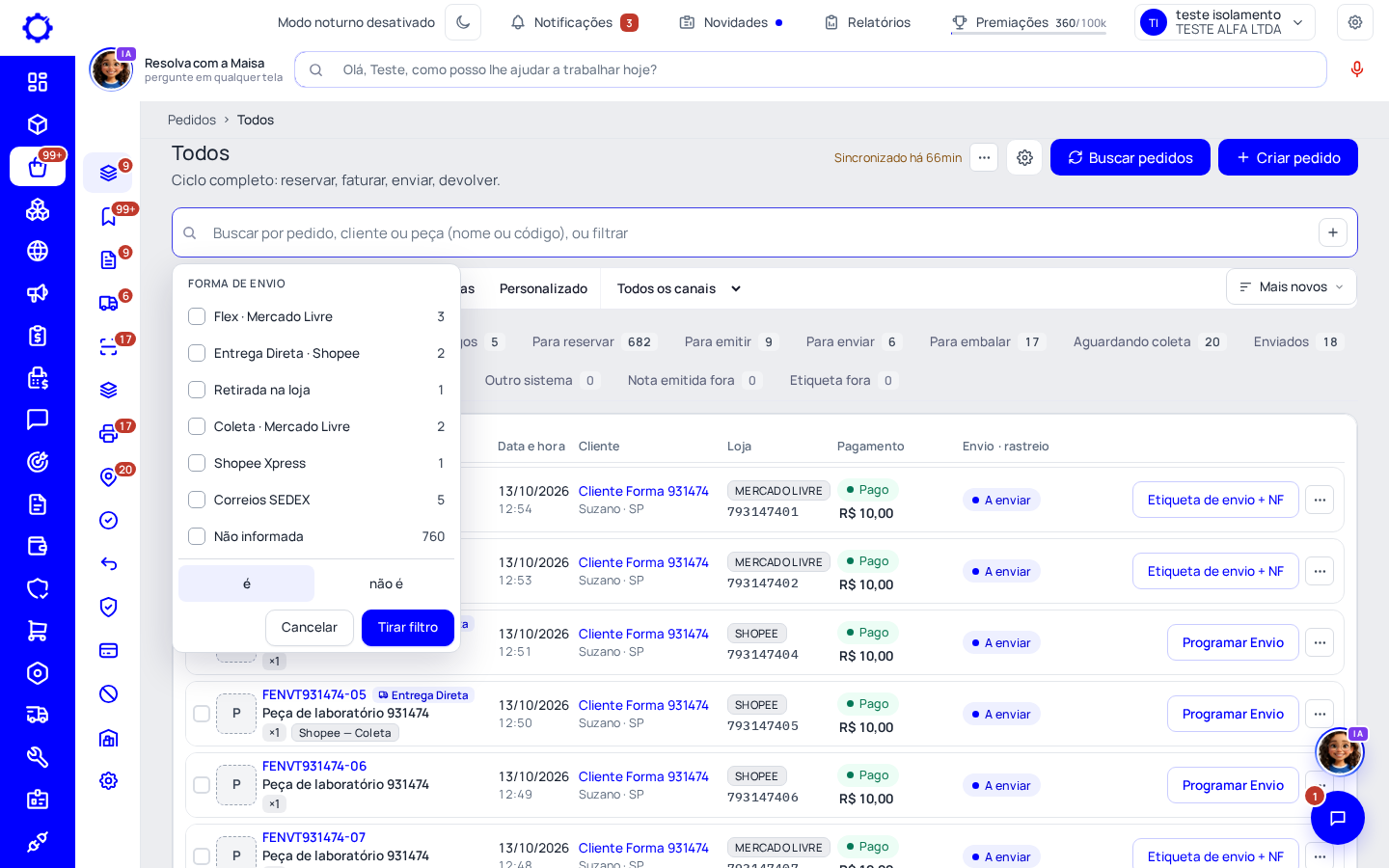 Passo 3: Filtre pela forma de envio