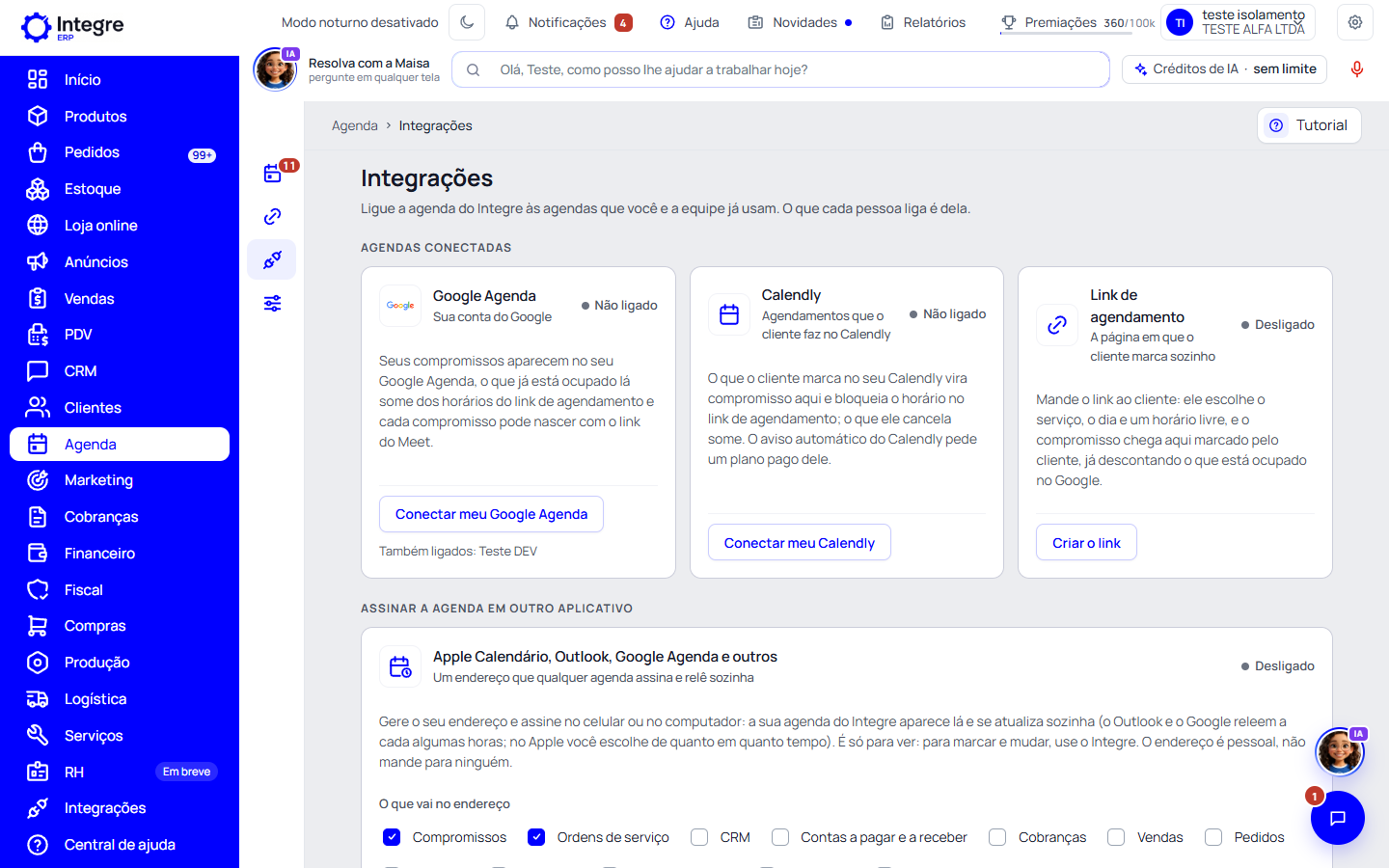 Passo 1: Abra as integrações da Agenda