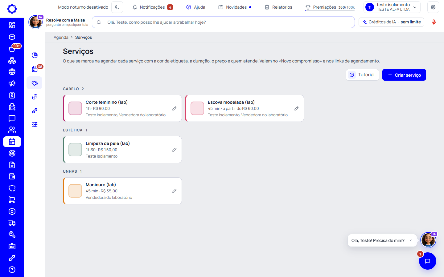 Passo 1: Abra Agenda › Serviços