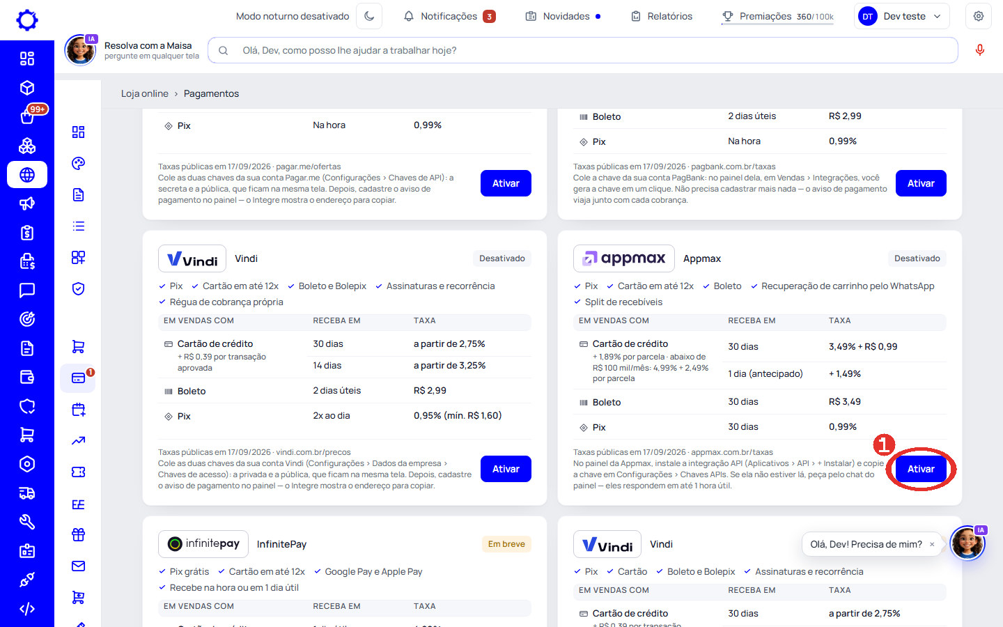 Passo 5: No Integre, abra Loja online › Meios de pagamento e clique em «Ativar» na Appmax