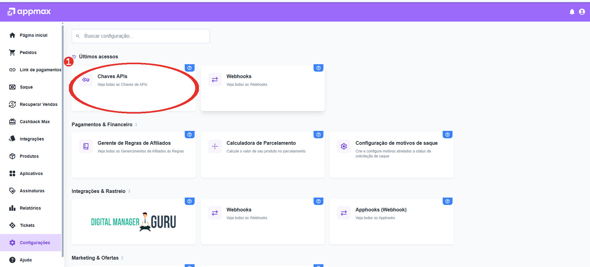 Passo 1: No painel da Appmax, abra Configurações › Chaves APIs