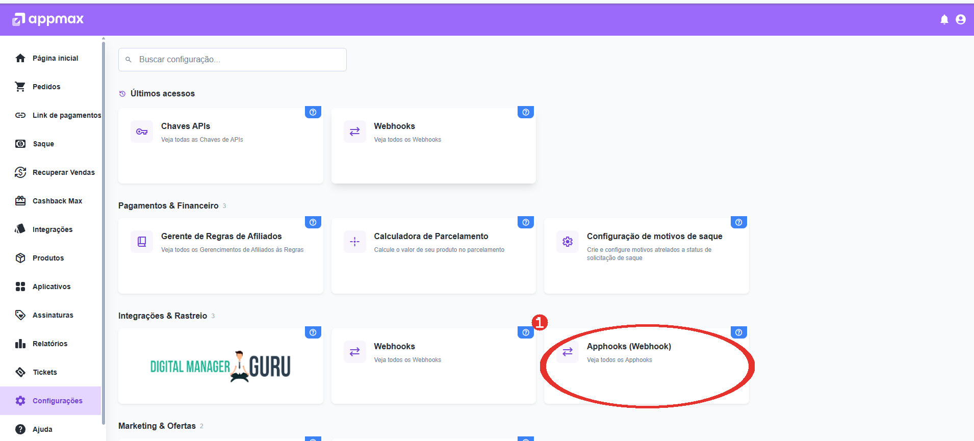 Passo 8: Cole esse endereço na Appmax, em Configurações › Apphooks (Webhook)