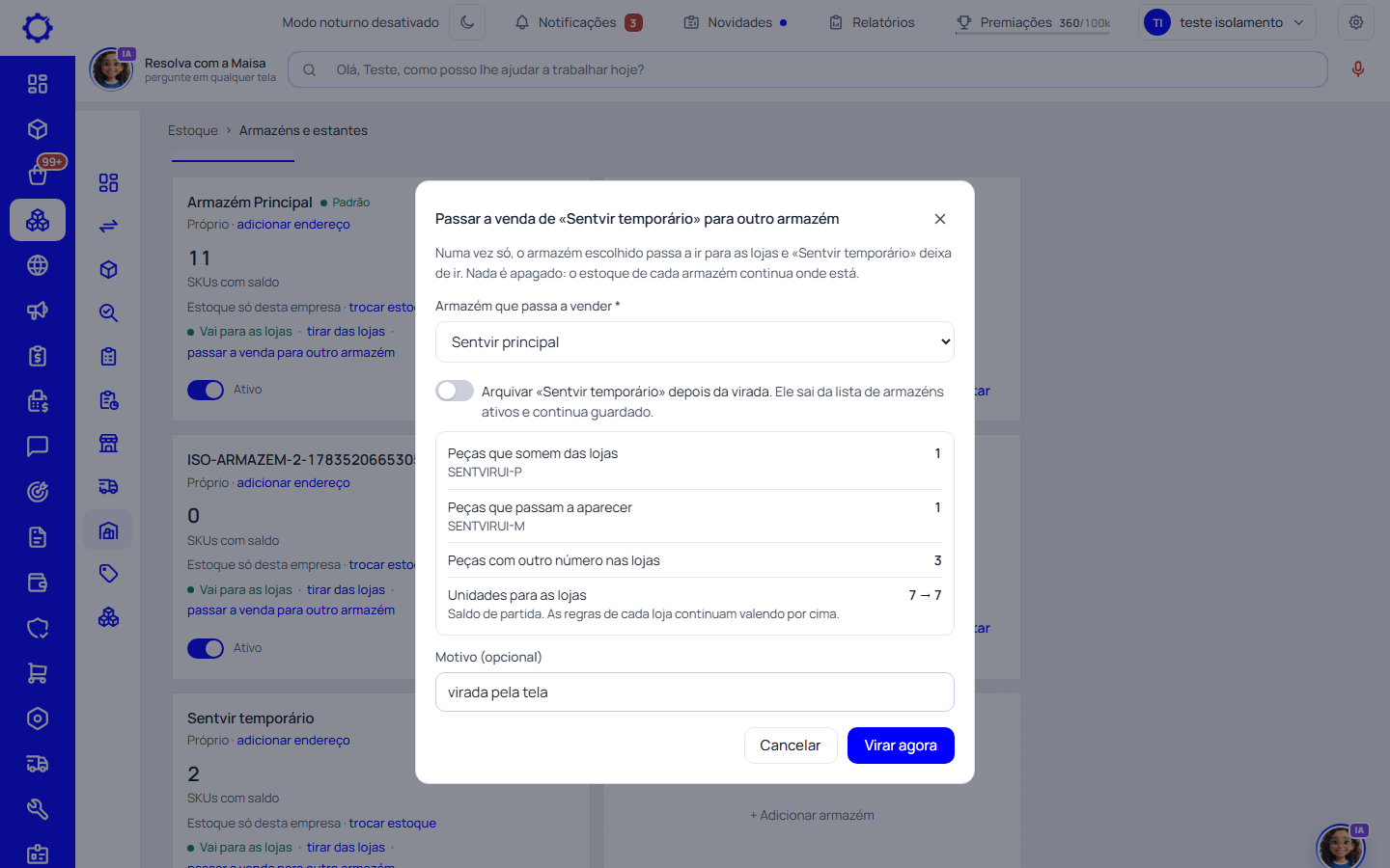 Passo 2: Passe a venda para outro armazém