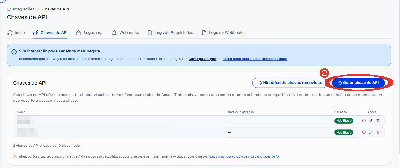 Passo 2: Clique em «Gerar chave de API»