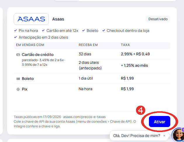 Passo 4: No Integre, abra Loja online › Pagamentos e clique em Ativar no Asaas