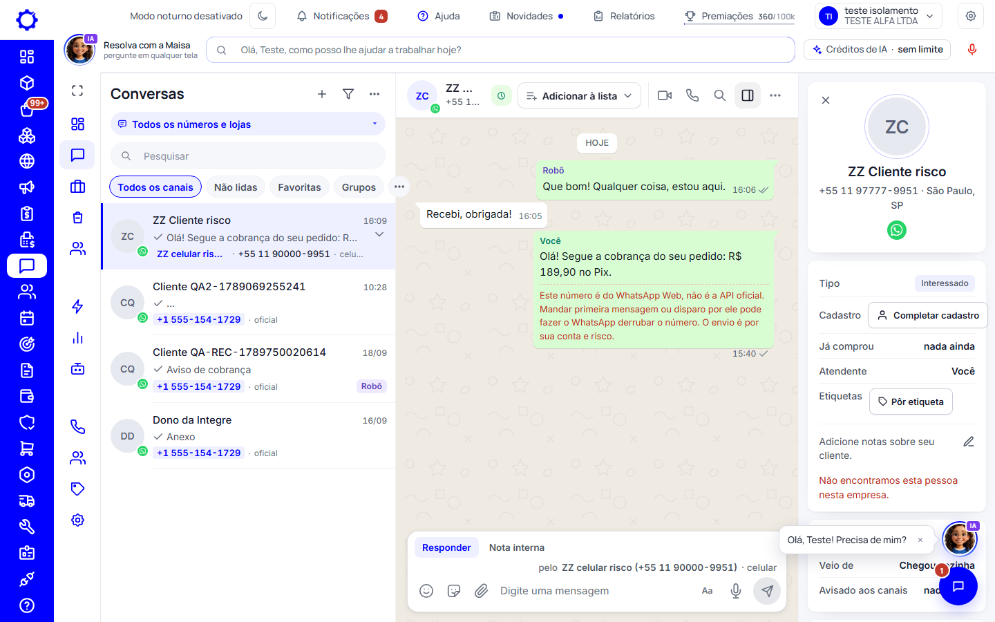 Passo 22: Primeira mensagem pelo número conectado no celular