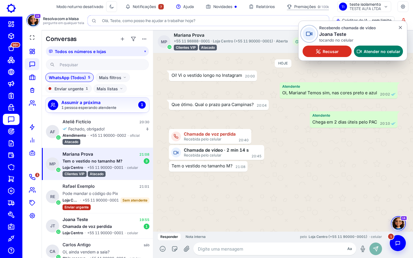 Passo 20: Digitando e chamada recebida