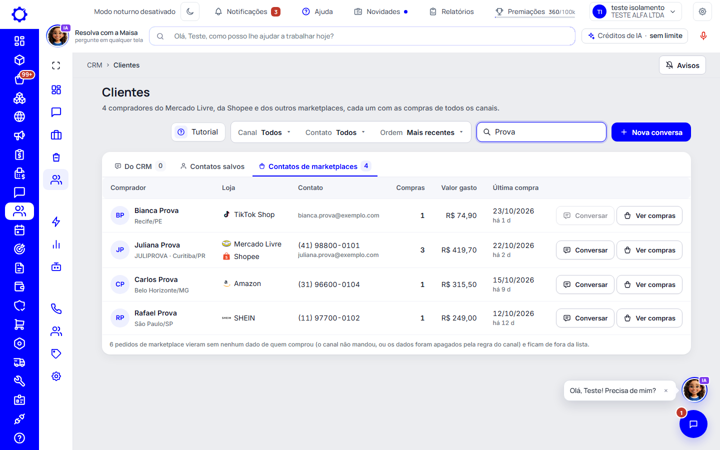Passo 8: Os contatos de marketplaces