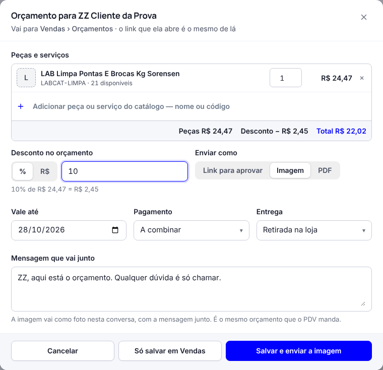 Passo 26: Mandar um orçamento pela conversa