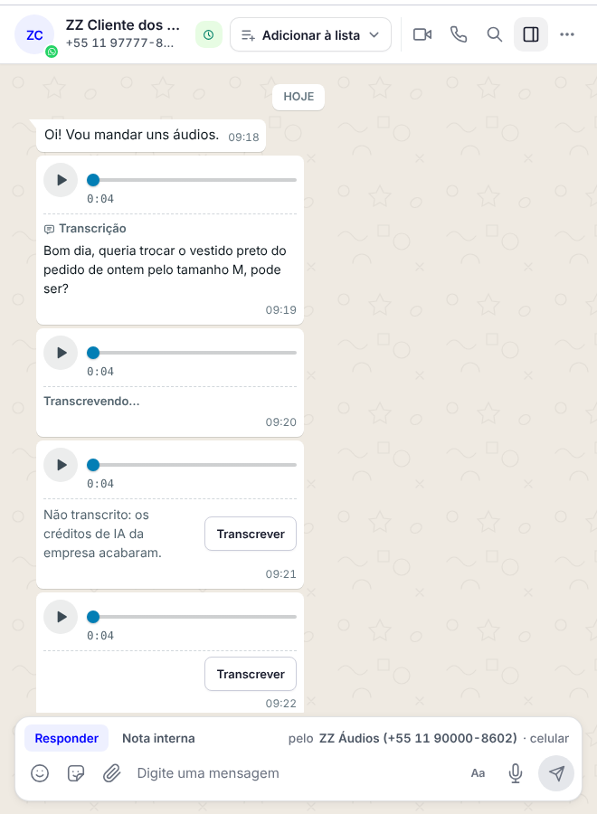 Passo 14: O que o cliente falou, escrito embaixo do áudio