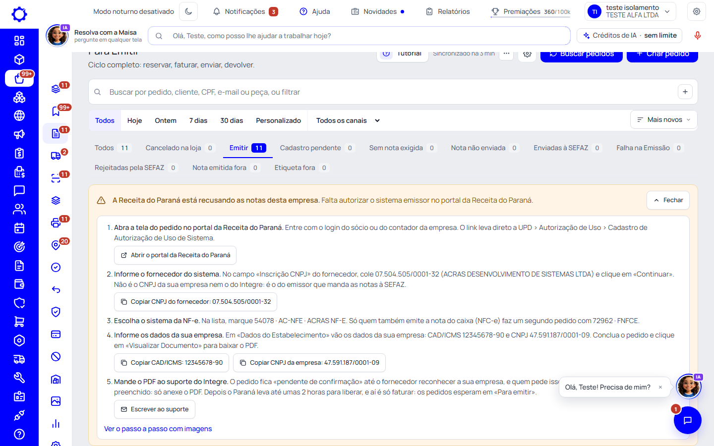 Passo 2: O aviso em Pedidos