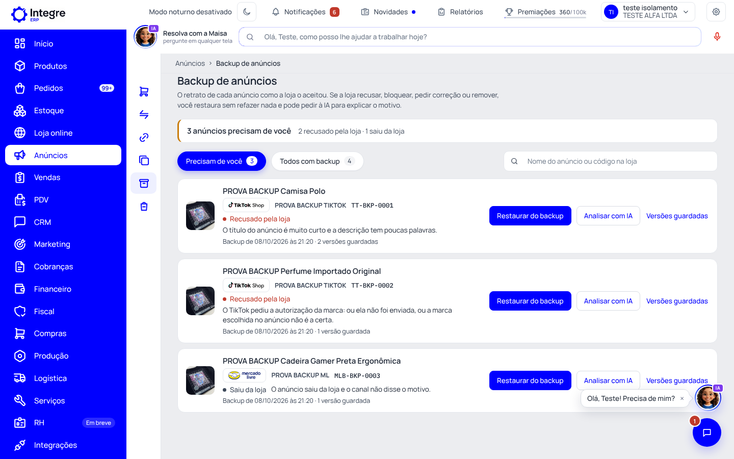 Passo 1: Abra o Backup de anúncios