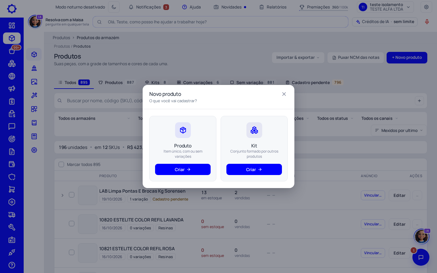 Passo 1: Clique em «+ Novo produto» e escolha «Produto»