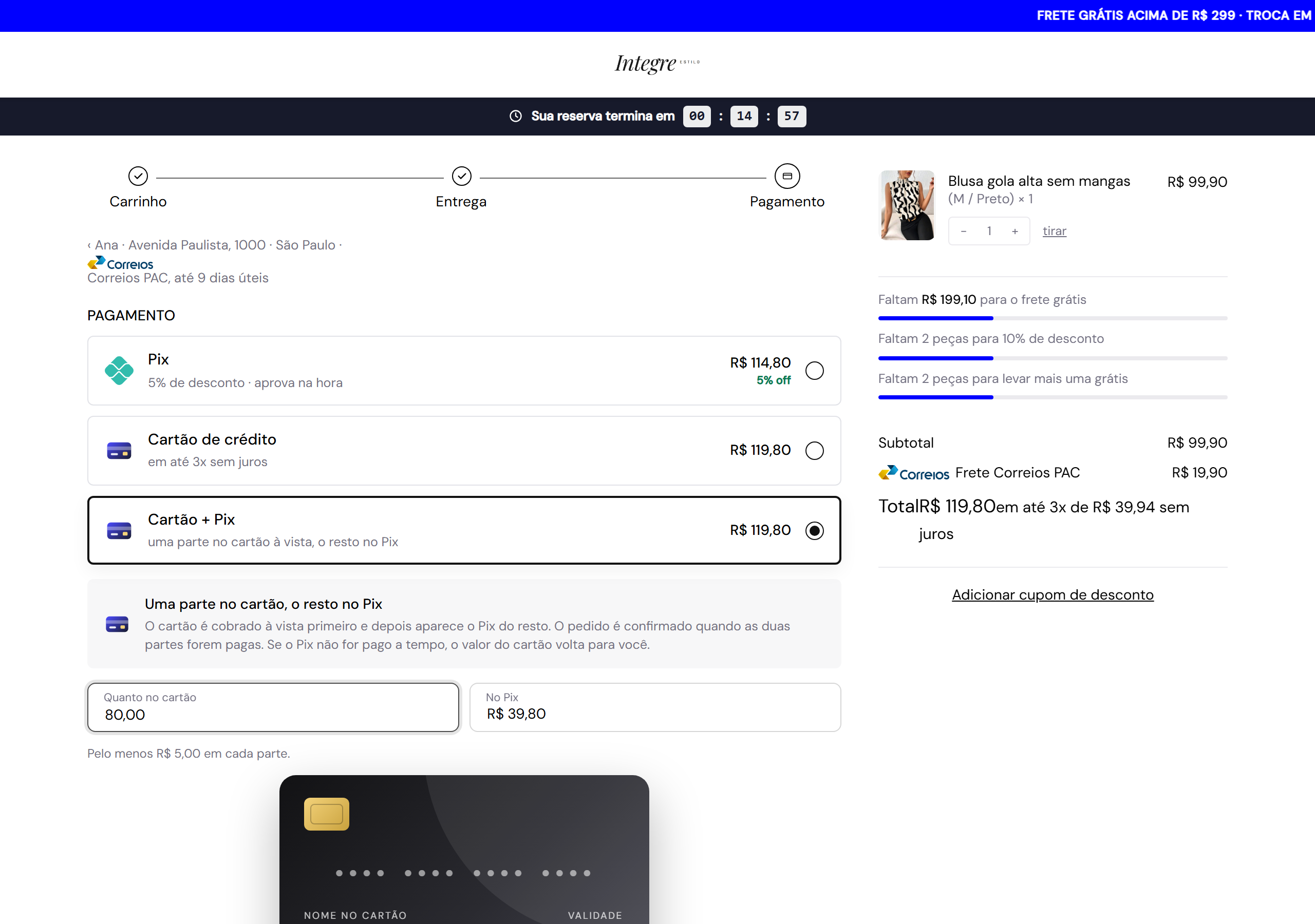 Passo 1: A opção «Cartão + Pix» aparece sozinha