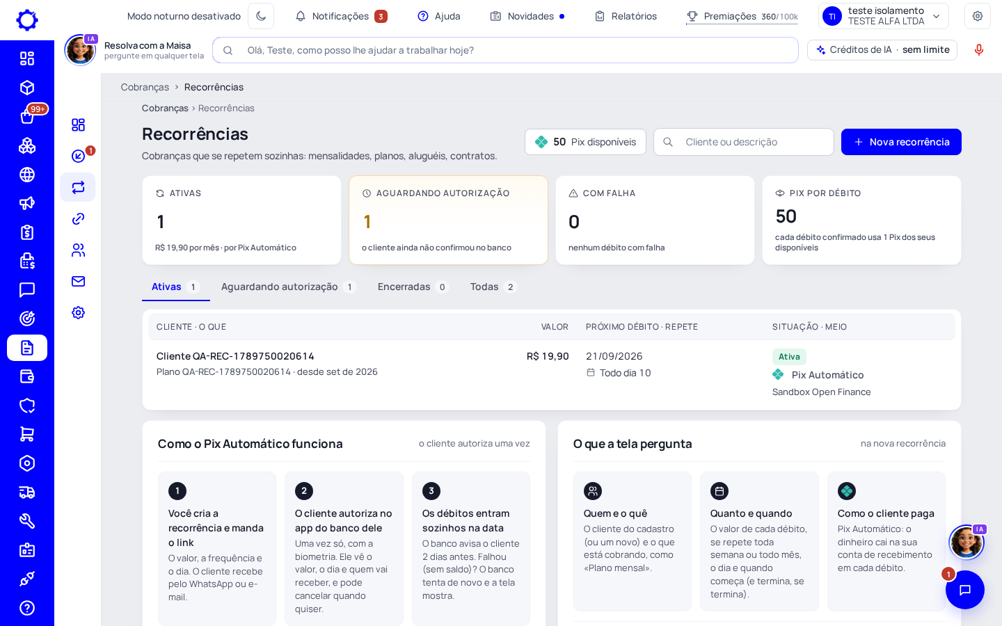 Passo 1: Abra Cobranças › Recorrências