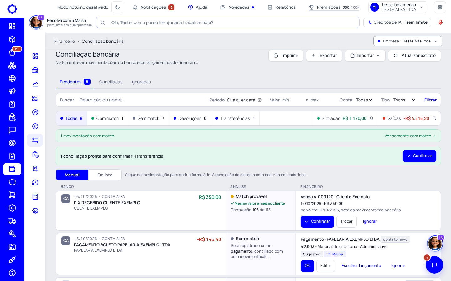 Passo 1: Abra a Conciliação bancária