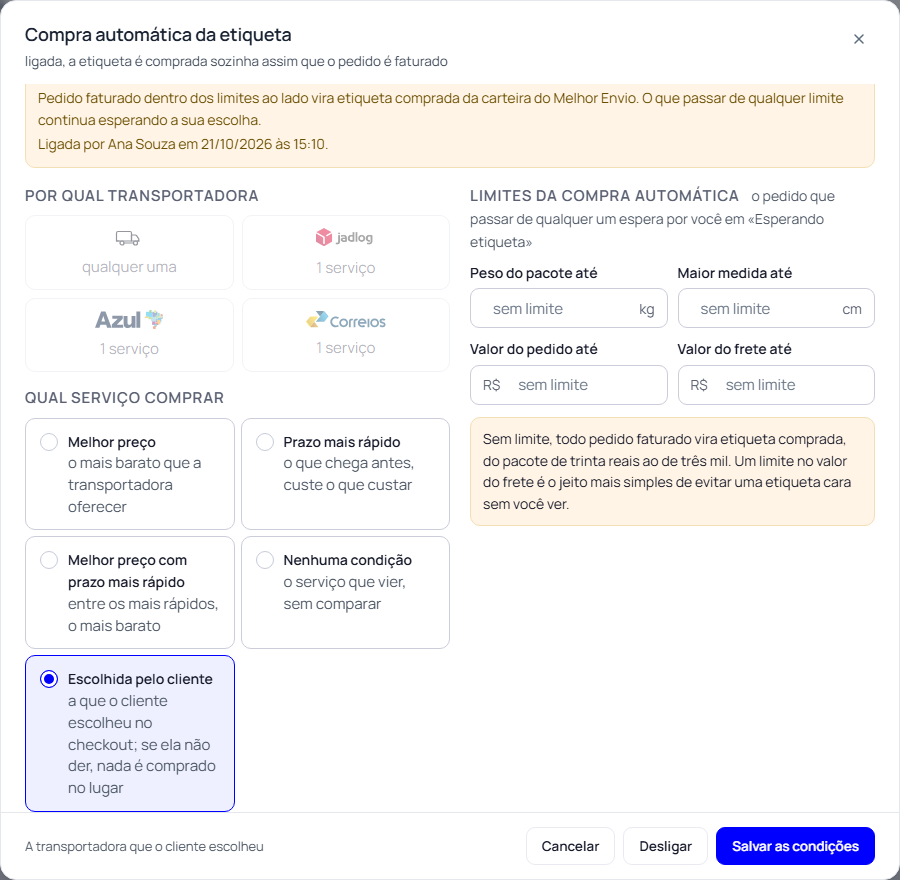 Passo 7: Compra automática da etiqueta (opcional)