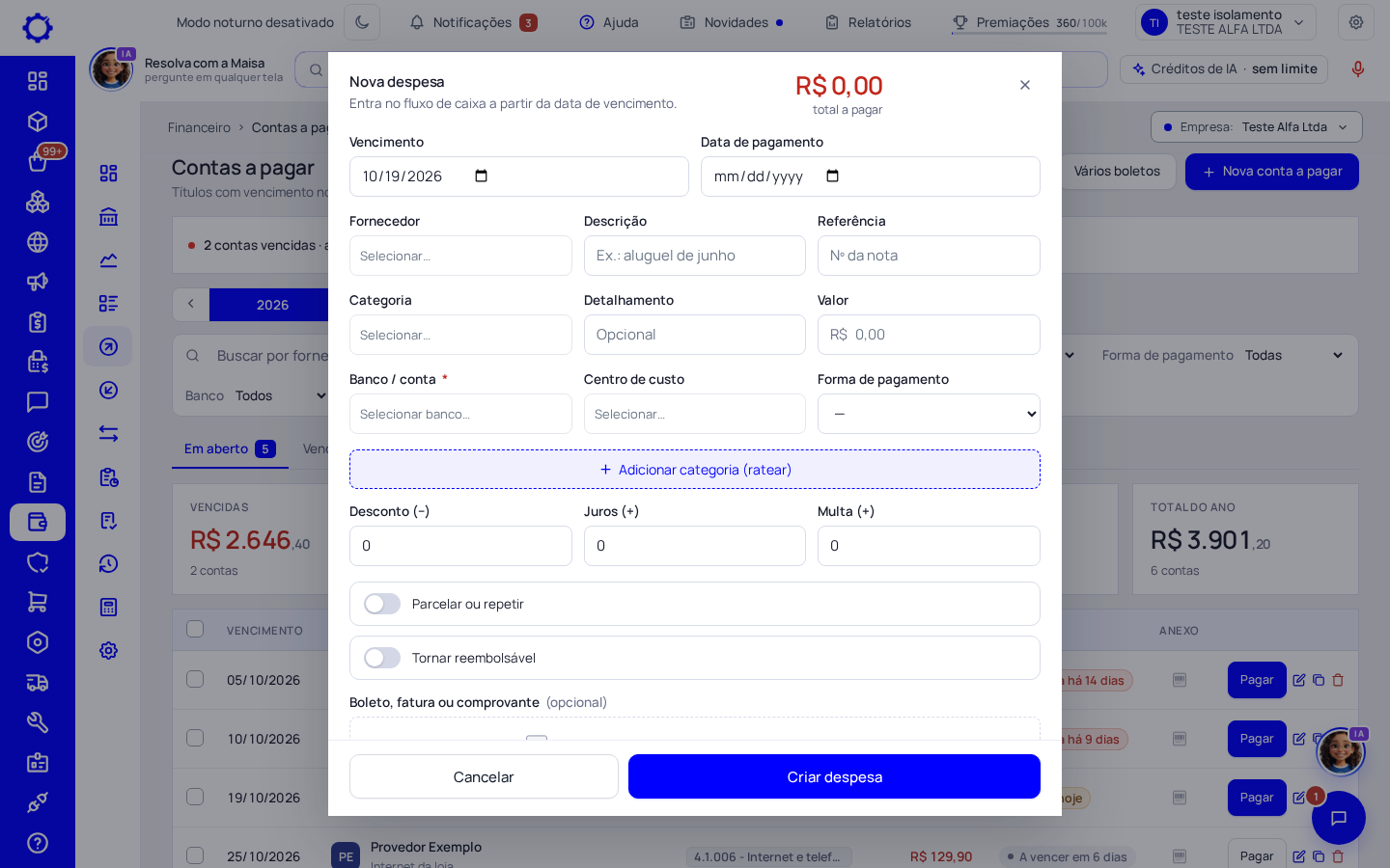 Passo 2: Clique em «Nova conta a pagar» e preencha