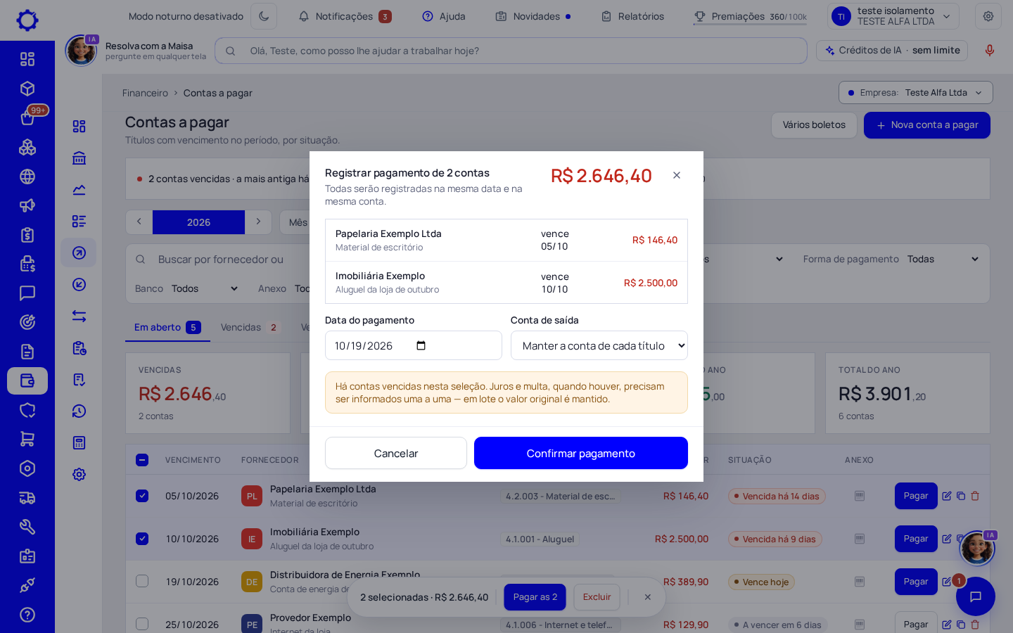Passo 7: Confirme a data e a conta para todas