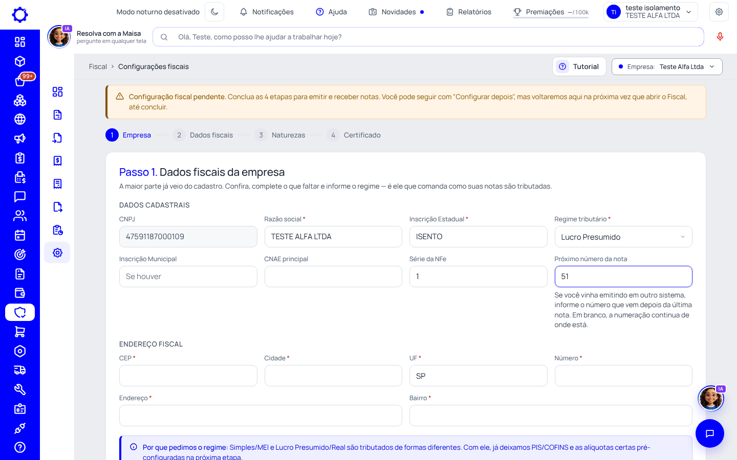 Passo 1: Abra os dados fiscais da empresa