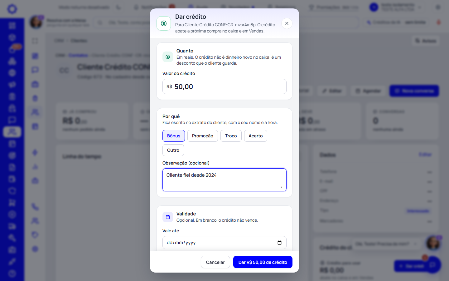 Passo 1: Abra a ficha e clique em «Dar crédito»