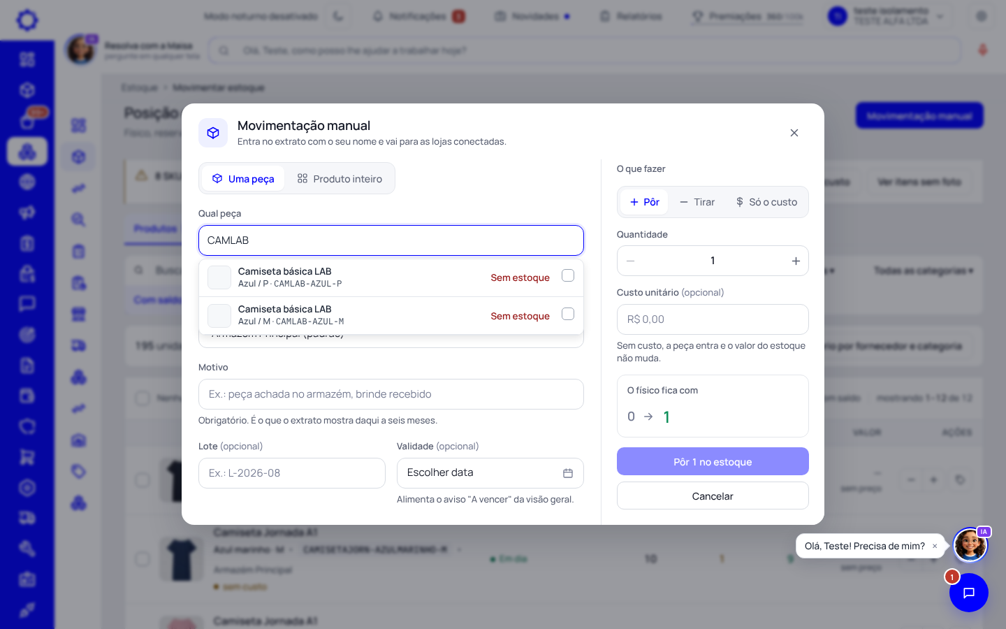 Passo 4: Abra Estoque › Movimentar estoque