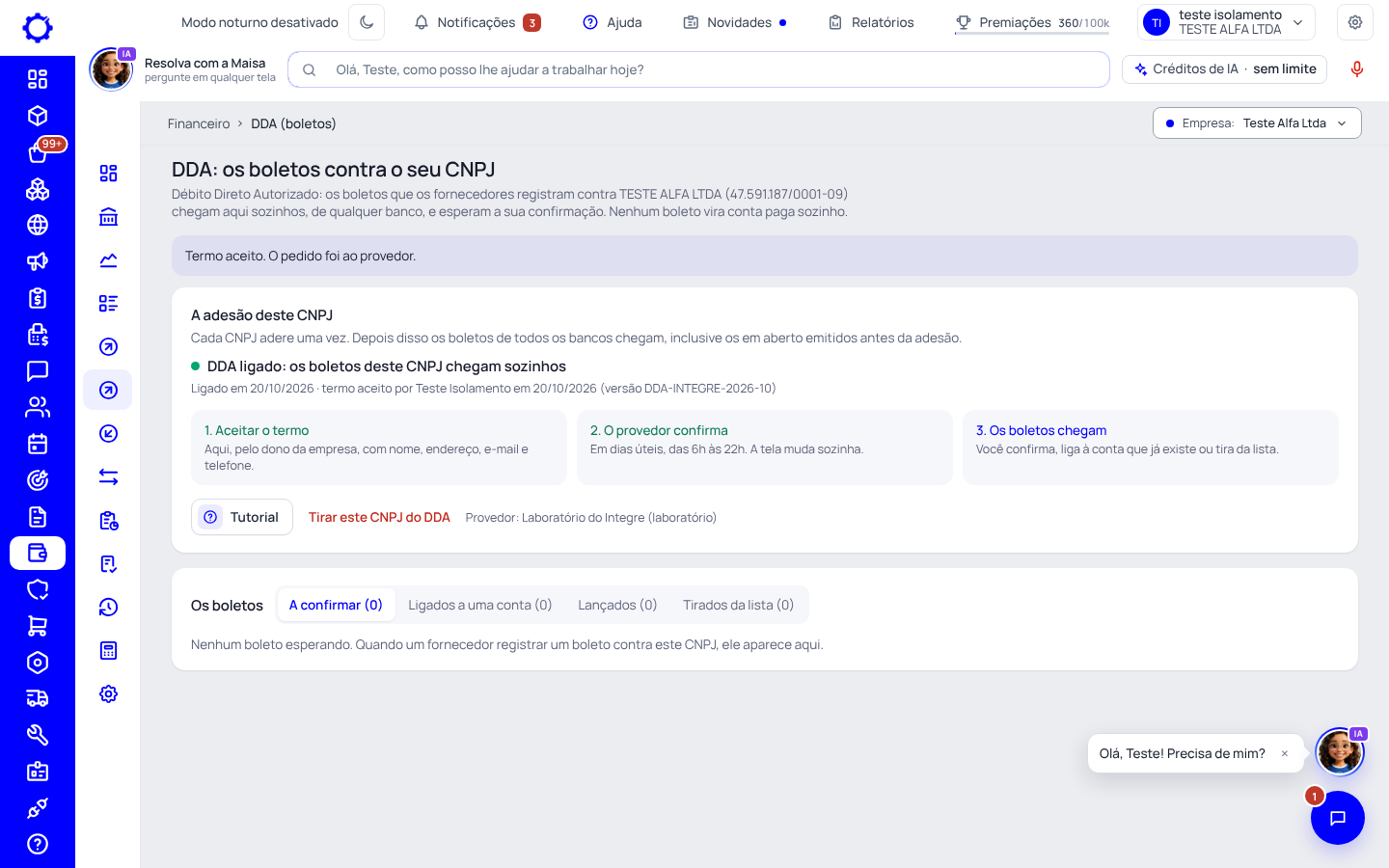 Passo 3: Espere o provedor confirmar