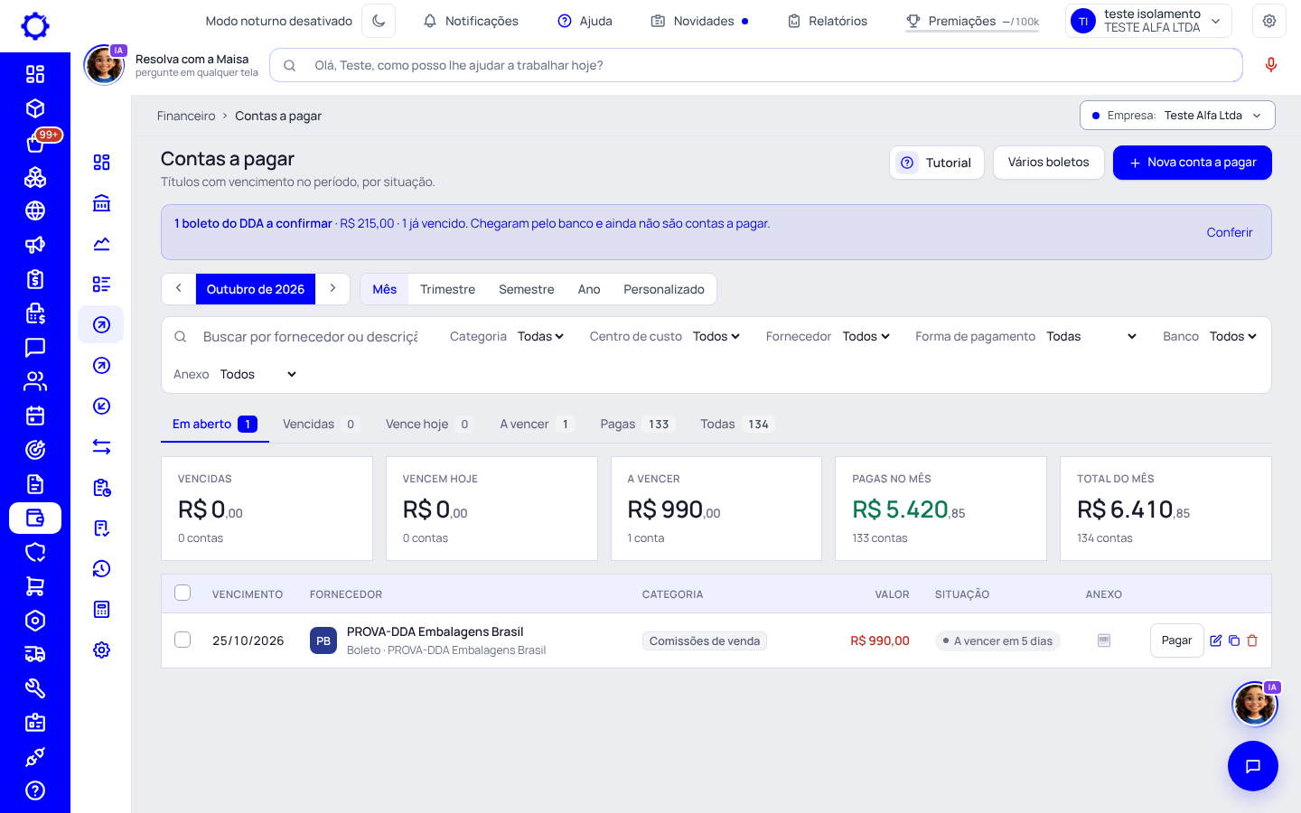 Passo 8: Contas a pagar avisa o que falta confirmar
