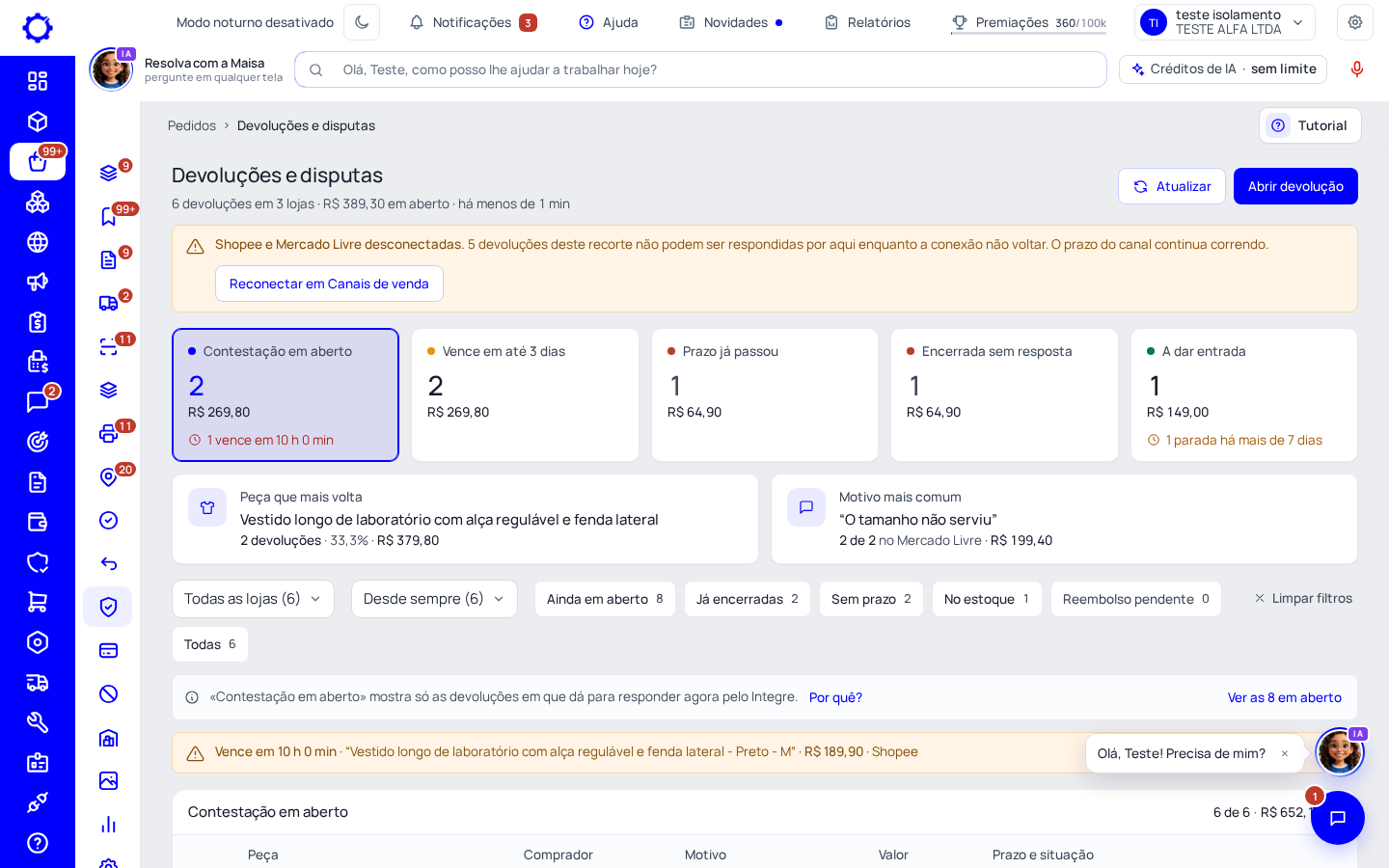 Passo 1: Abra Devoluções e disputas
