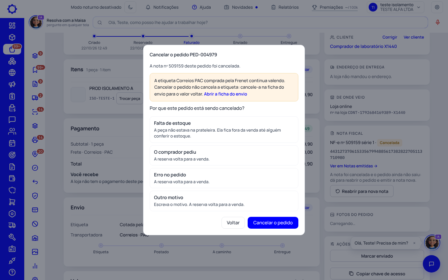Passo 8: O pedido que já tem nota