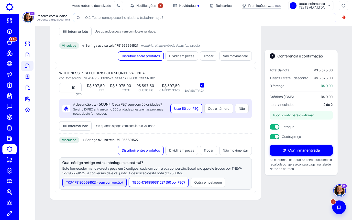 Passo 4: Na entrada da nota, diga quantas unidades vêm na caixa