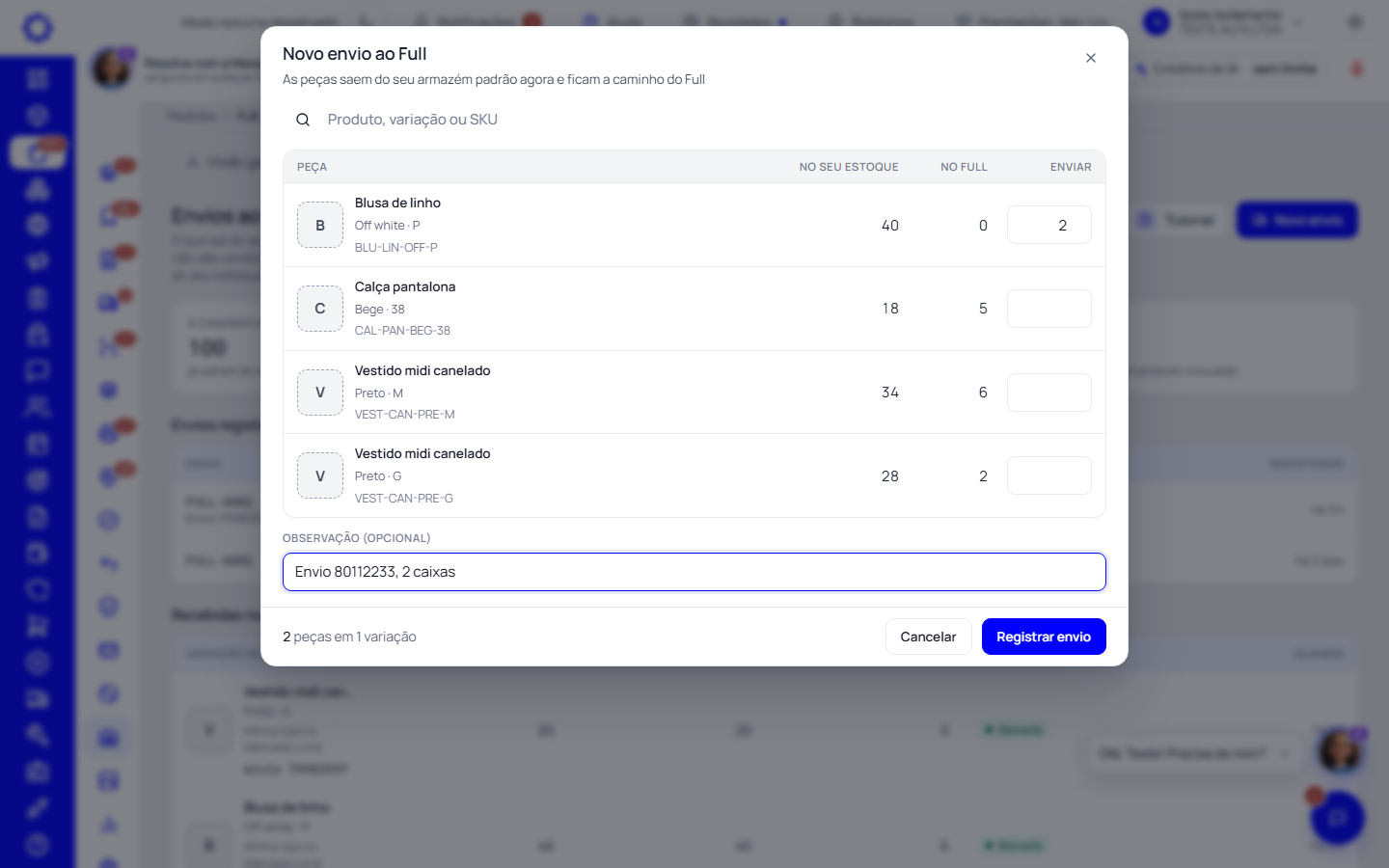 Passo 1: Registre o envio quando despachar