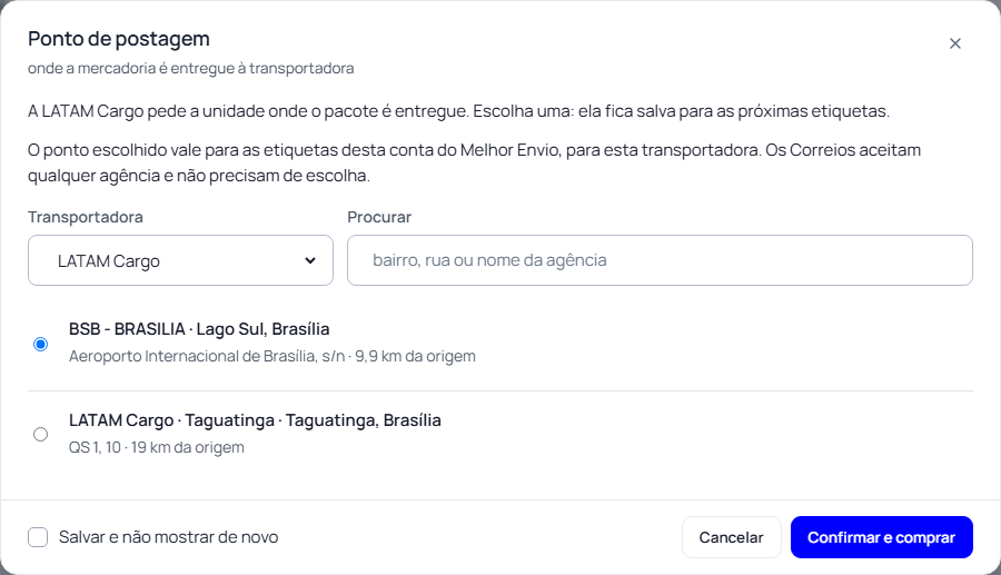 Passo 8: A LATAM Cargo pede a unidade na hora da compra