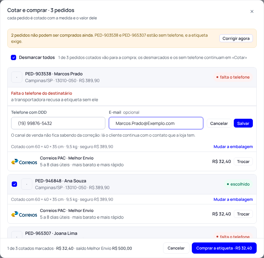 Passo 11: Preencha o telefone e o e-mail de quem recebe