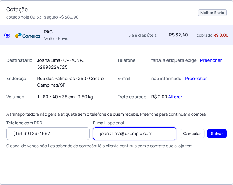 Passo 12: Ou preencha na ficha do envio