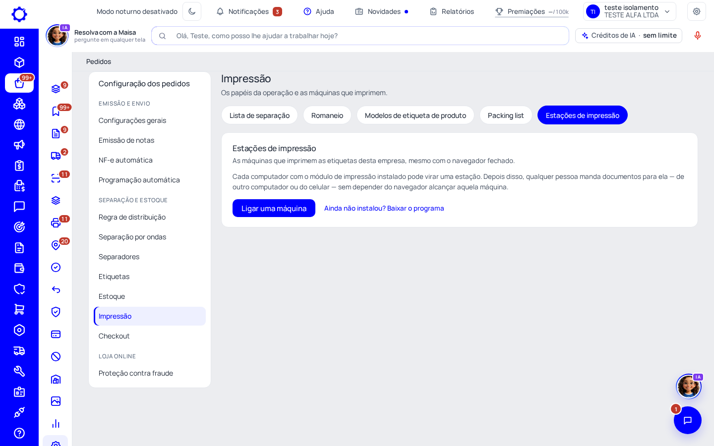 Passo 1: Abra Pedidos › Configurações › Impressão › Estações de impressão
