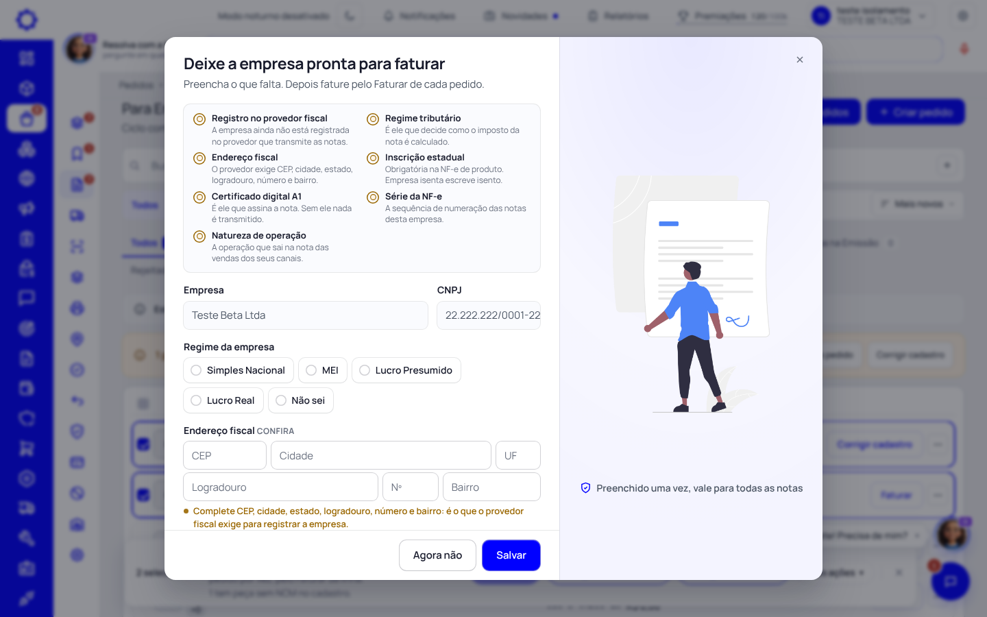 Passo 4: Faltou algo da empresa? Complete na janela