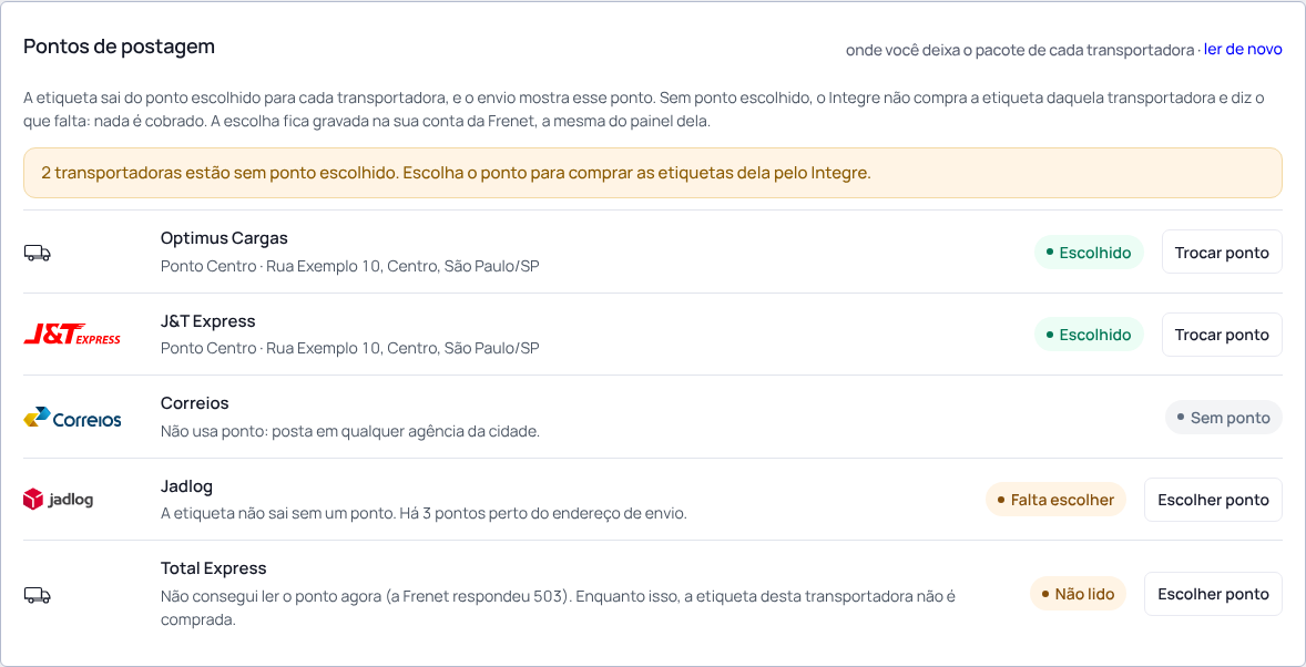 Passo 6: Veja o ponto de postagem de cada transportadora