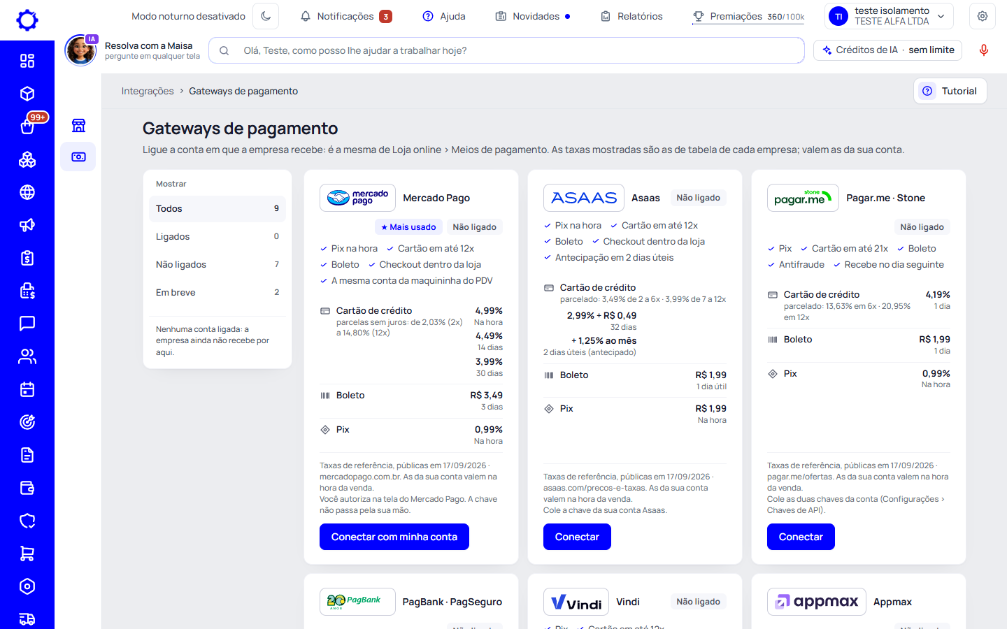 Passo 1: Abra Integrações › Gateways de pagamento