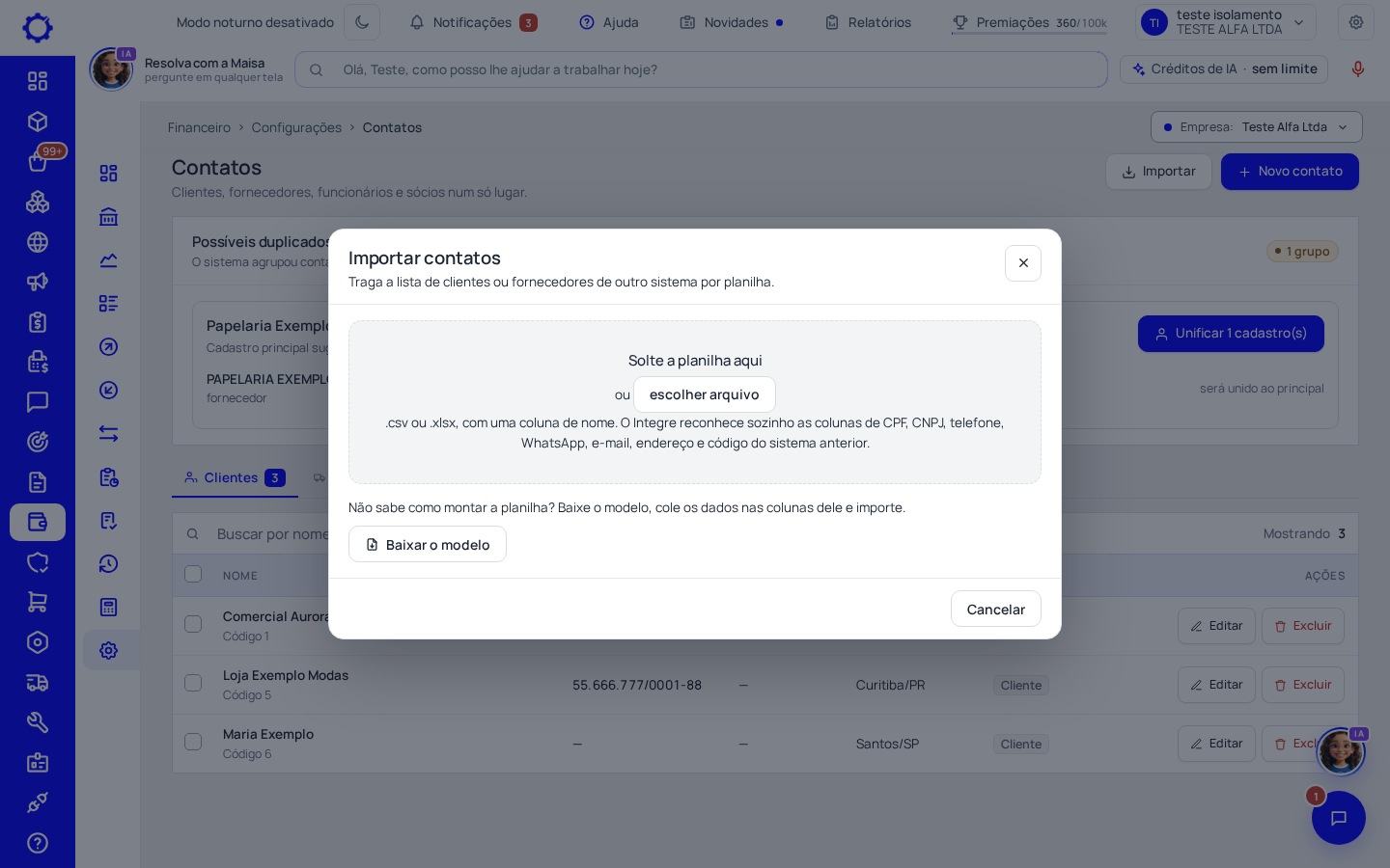 Passo 1: Clique em «Importar» em Contatos