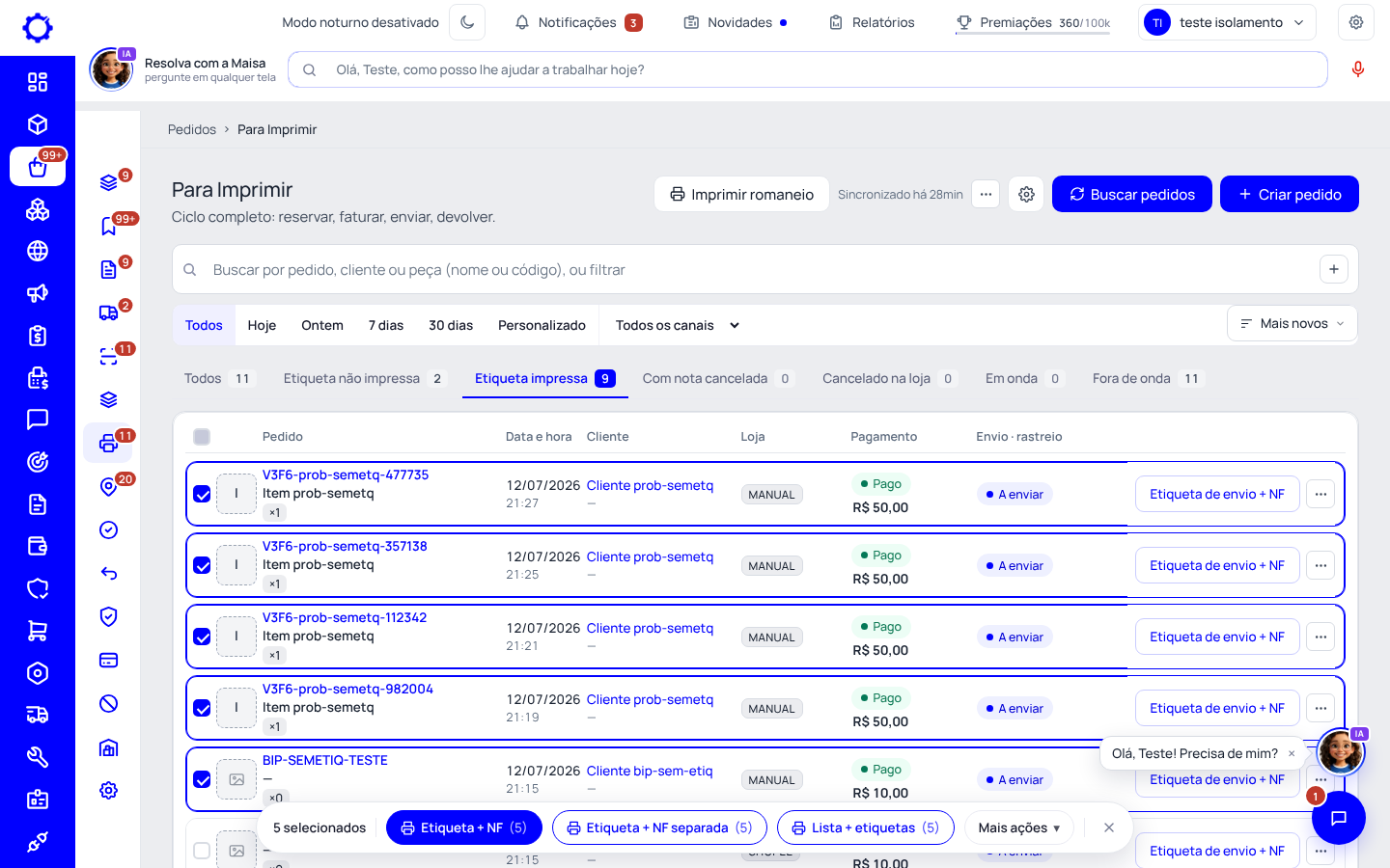 Passo 1: Abra Pedidos › Para Imprimir e marque os pedidos
