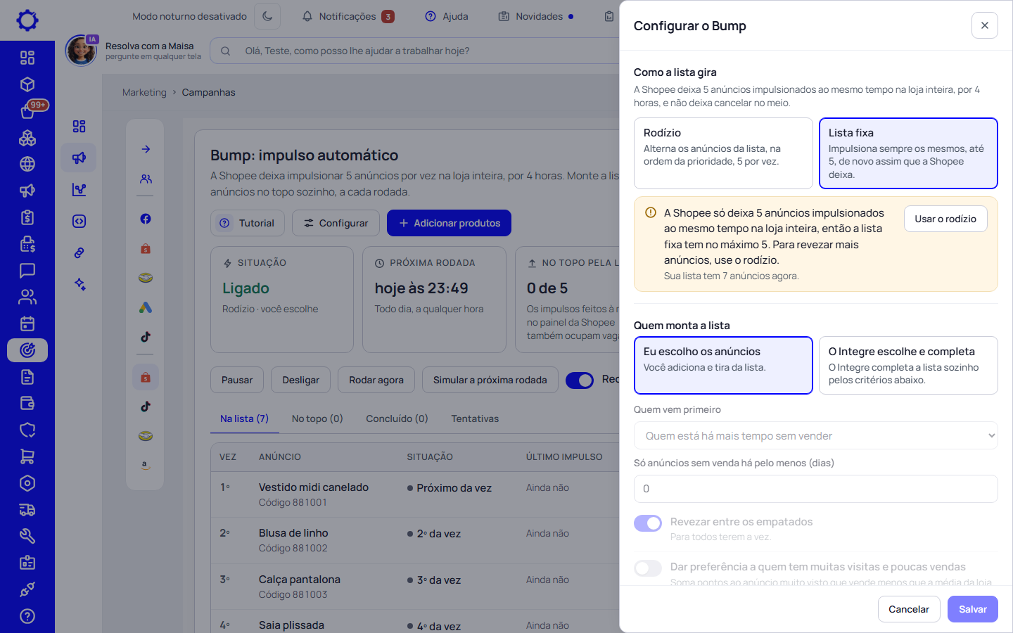Passo 2: Escolha como a lista gira