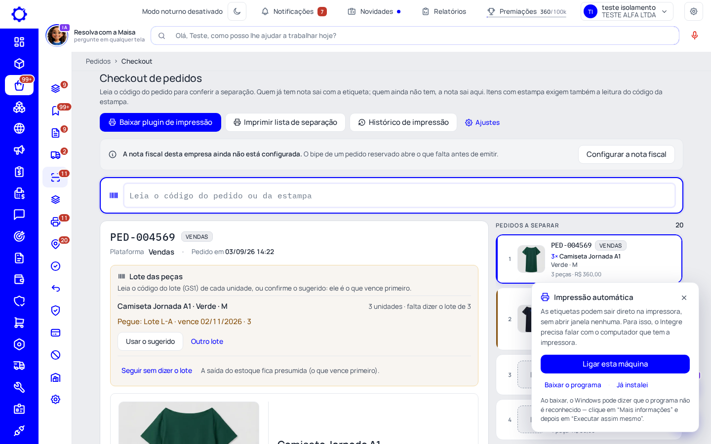 Passo 5: Na venda, o lote é dito na separação