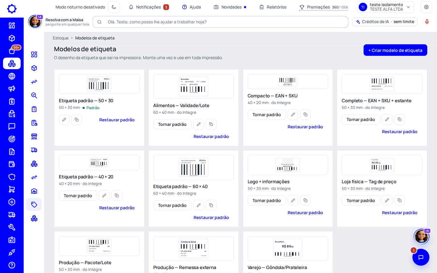 Passo 1: Abra Estoque › Modelos de etiqueta