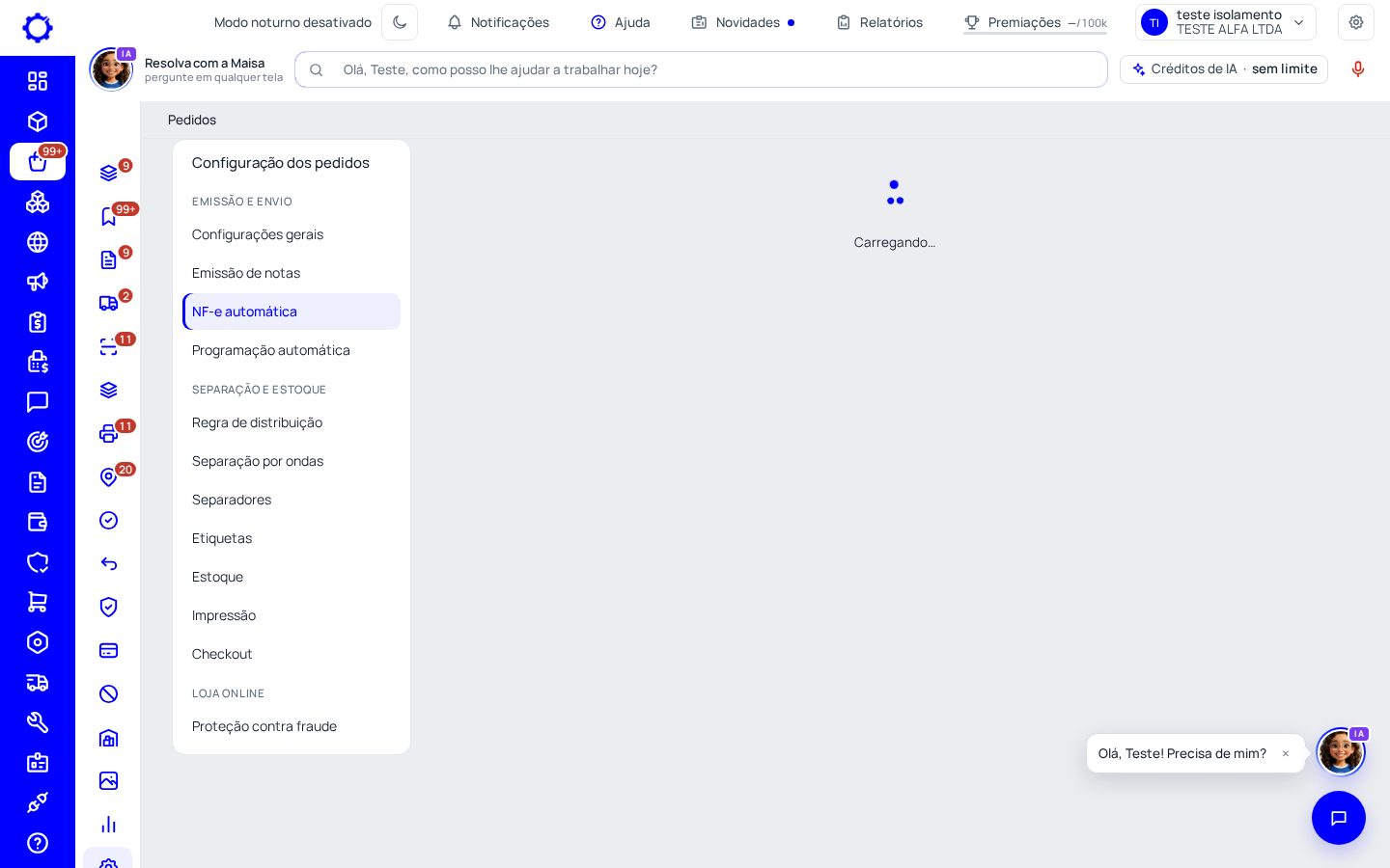 Passo 1: Abra Pedidos › Configurações › NF-e automática