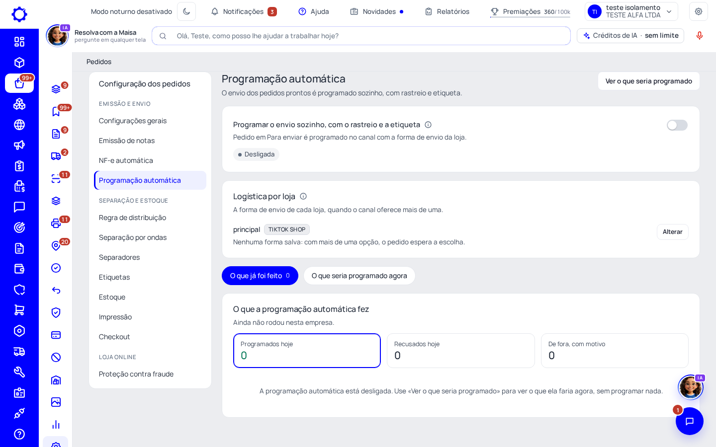Passo 5: Abra Pedidos › Configurações › Programação automática