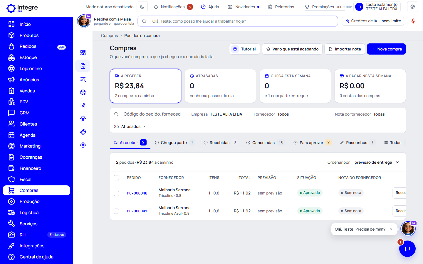 Passo 1: Abra Compras › Pedidos de compra